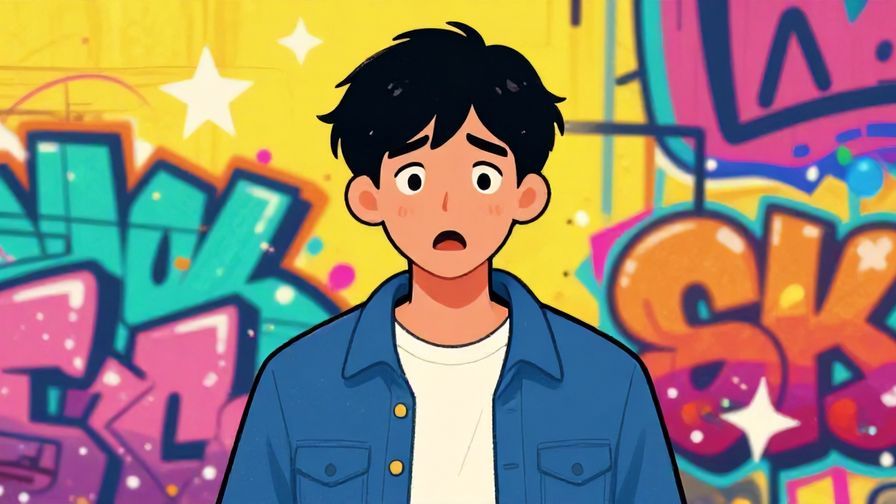 Illustration%20of%20a young person with a surprised, almost shocked expression, casual urban background with bright graffiti and stars