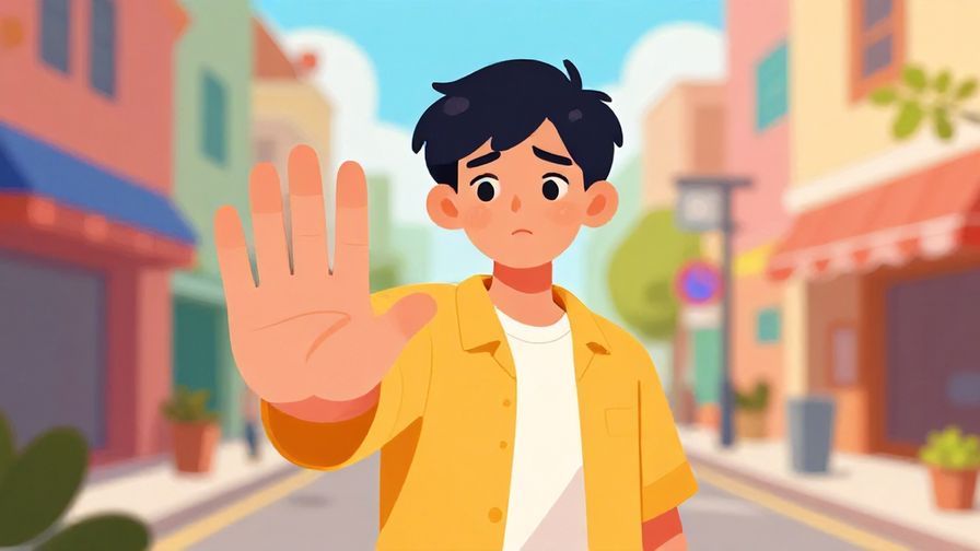 Illustration%20of%20a young person with a worried expression holding up a hand to warn, colorful street background, vibrant colors, illustrated style