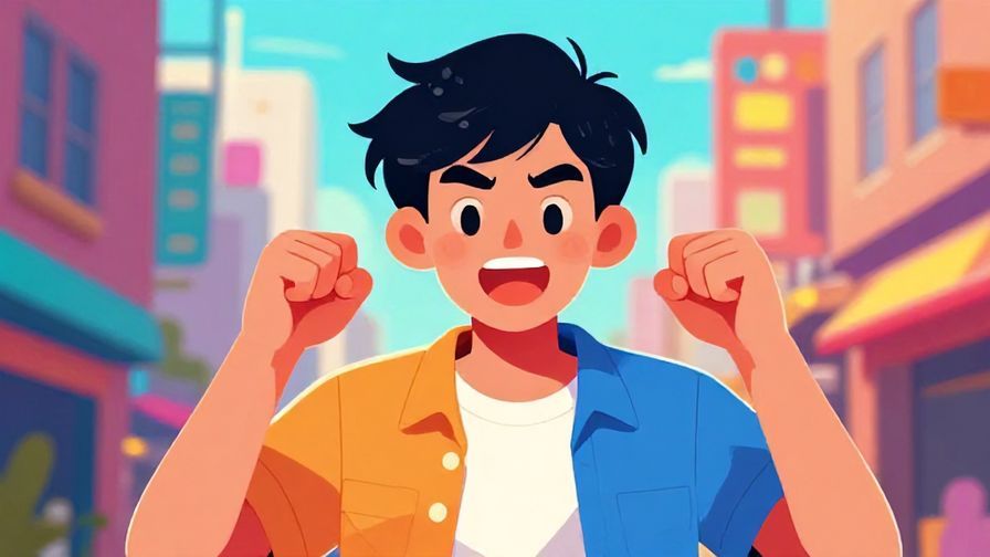 Illustration%20of%20a young person with an excited expression, fists clenched in determination, vibrant urban background, colorful and lively illustration style