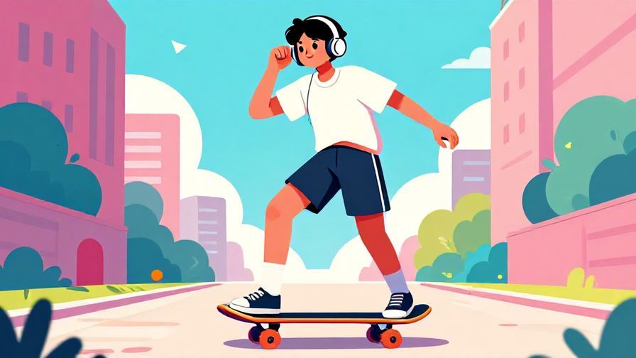 Illustration%20of%20a young person with headphones and skateboard, looking carefree and confident, urban background, vibrant colors, illustrated style