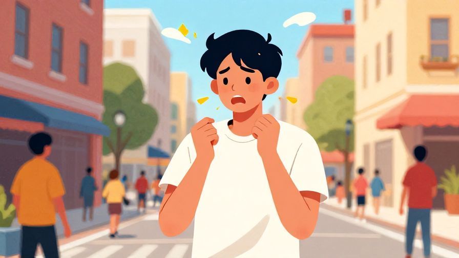 Illustration%20of%20a young person%20expressing frustration%20with%20heat%20in%20a%20busy%20city%20street%2C%20vibrant%20colors%2C%20illustrated%20style