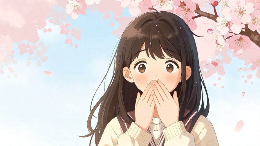 Illustration%20of%20a young woman covering her mouth in surprise, soft pastel background with cherry blossoms, illustrated style
