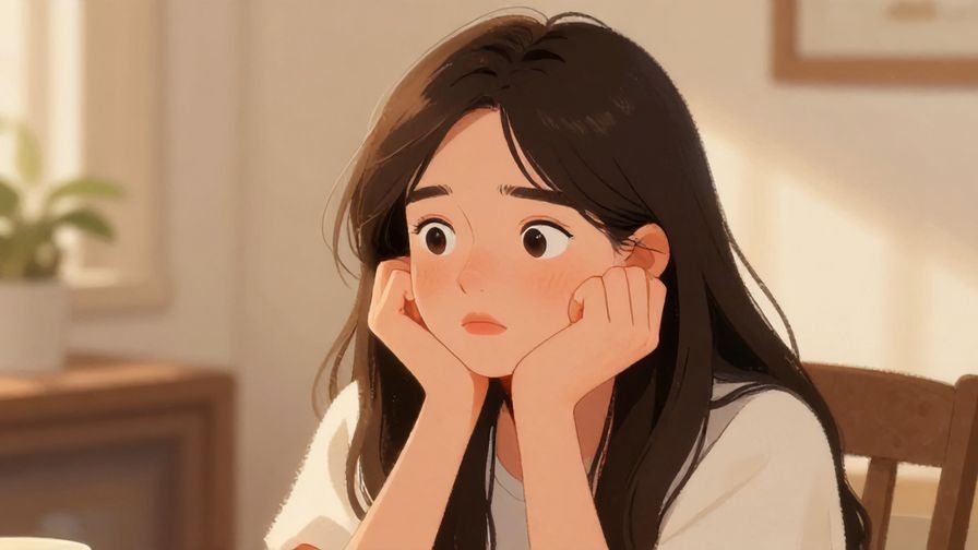 Illustration%20of%20a young woman tilting her head slightly, curious expression, cozy indoor setting, soft warm lighting, illustrated style