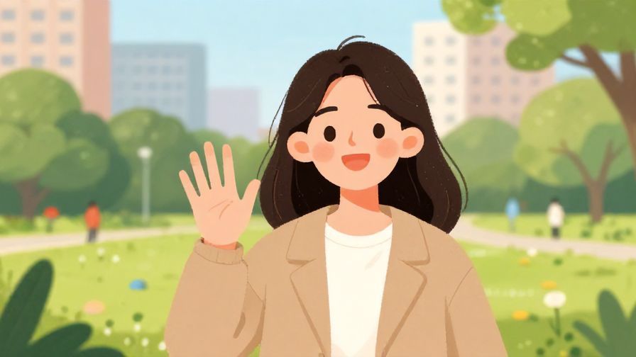 Illustration%20of%20a young woman waving goodbye with a bright smile, city park background, casual and friendly mood, illustrated style