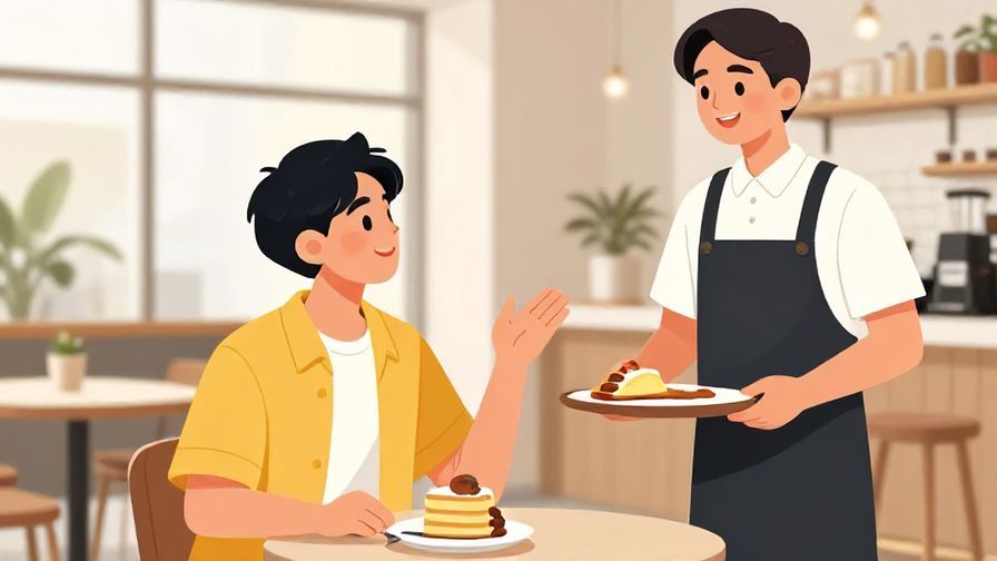 Illustration%20of%20a young%20person%20casually%20asking%20a%20waiter%20with%20a%20friendly%20smile%20in%20a%20modern%20café%20setting%2C%20bright%20colors%2C%20illustrated%20style