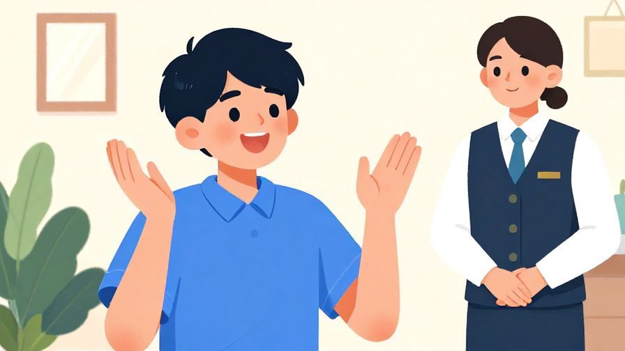 Illustration%20of%20a young%20person%20smiling%20and%20asking%20a%20hotel%20staff%20informally%20with%20friendly%20energy%2C%20vibrant%20colors%2C%20illustrated%20style