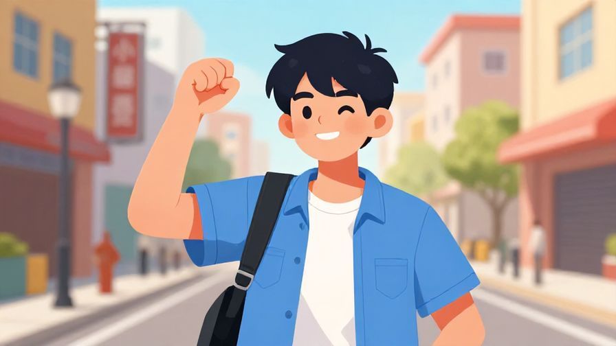 Illustration%20of%20a youthful character pumping a fist with confident grin, urban street background, bright colors, illustrated style