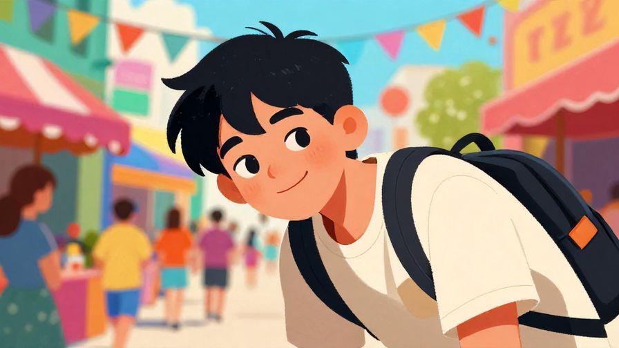Illustration%20of%20a youthful person leaning forward with a teasing grin, colorful street festival background, vibrant colors, illustrated style