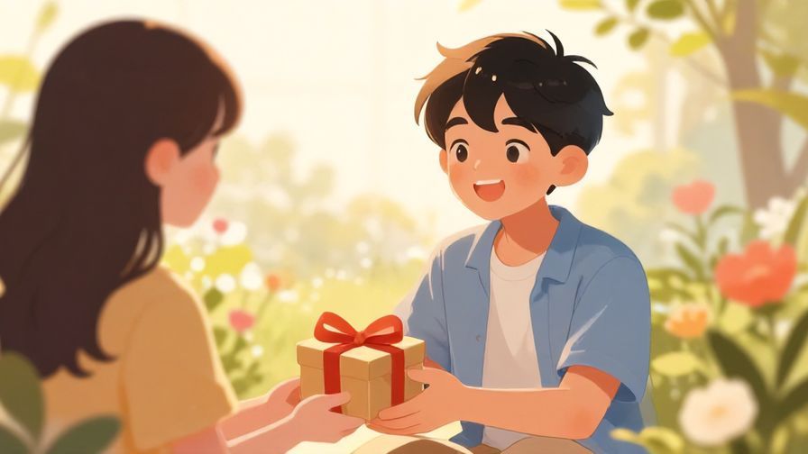 Illustration%20of%20a%20boy%20smiling%2C%20offering%20a%20small%20gift%20to%20a%20girl%2C%20soft%20focus%20background%20with%20flowers%20and%20sunlight%2C%20warm%20colors%2C%20illustrated%20style