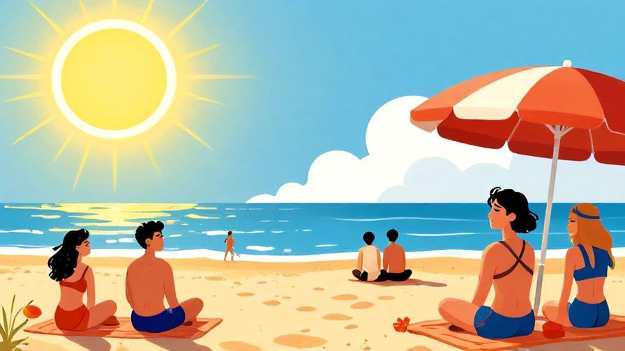 Illustration%20of%20a%20bright%20sun%20shining%20intensely%20over%20a%20beach%20scene%20with%20people%20squinting%20and%20seeking%20shade%2C%20vibrant%20colors%2C%20illustrated%20style