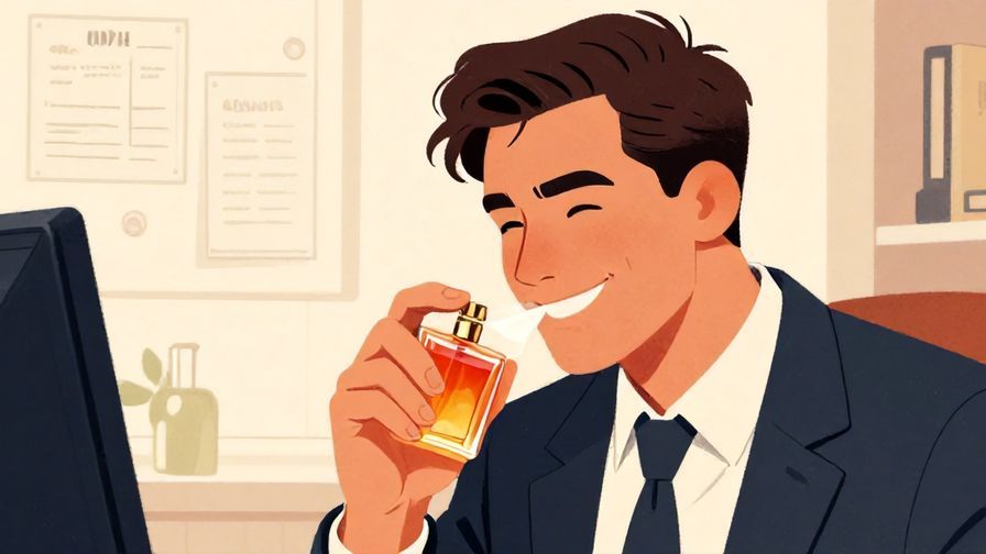 Illustration%20of%20a%20business%20person%20smiling%20and%20sniffing%20a%20perfume%20bottle%20in%20a%20formal%20setting%2C%20detailed%20background%2C%20vibrant%20colors%2C%20illustrated%20style
