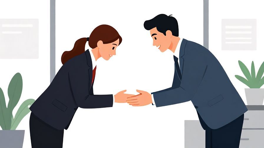 Illustration%20of%20a%20businessperson%20greeting%20a%20colleague%20with%20a%20respectful%20bow%20in%20an%20office%20setting%2C%20vibrant%20colors%2C%20illustrated%20style