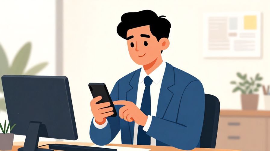 Illustration%20of%20a%20businessperson%20smiling%20politely%20while%20holding%20a%20phone%20in%20an%20office%20setting%2C%20vibrant%20colors%2C%20illustrated%20style