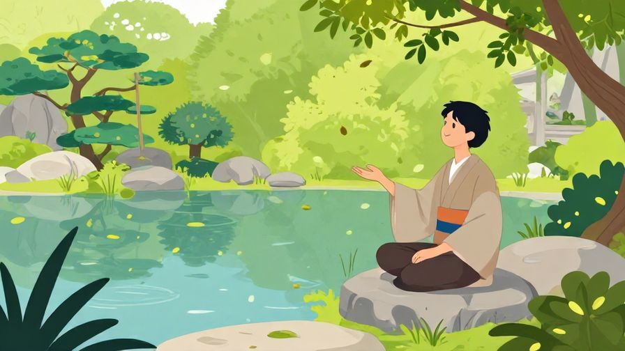 Illustration%20of%20a%20calm%20Japanese%20garden%20scene%2C%20with%20a%20person%20smiling%20peacefully%20while%20letting%20floating%20leaves%20drift%20past.%20Bright%20colors%2C%20serene%20atmosphere%2C%20illustrated%20style