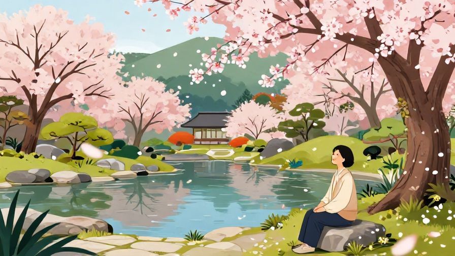 Illustration%20of%20a%20calm%20Japanese%20garden%20with%20cherry%20blossoms%20falling%20and%20a%20person%20smiling%20peacefully%2C%20detailed%20background%2C%20vibrant%20colors%2C%20illustrated%20style