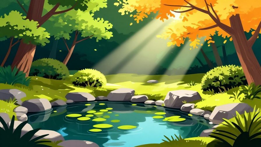 Illustration%20of%20a%20calm%20Japanese%20garden%20with%20a%20small%20pond%2C%20floating%20leaves%2C%20and%20soft%20light%20rays%20shining%20through%20trees%2C%20illustrated%20style%2C%20vibrant%20colors