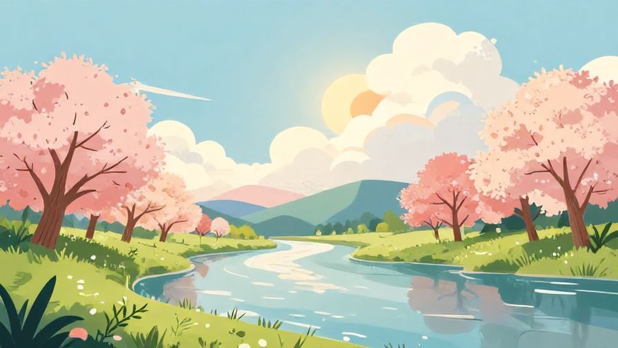 Illustration%20of%20a%20calm%20landscape%20with%20a%20soft%20sun%20breaking%20through%20clouds%2C%20flowering%20trees%2C%20and%20a%20peaceful%20river%2C%20vibrant%20colors%2C%20illustrated%20style