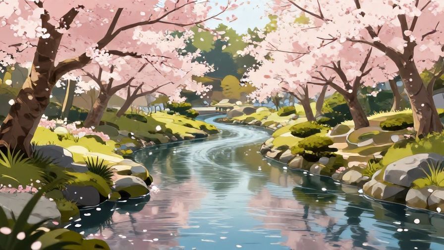 Illustration%20of%20a%20calm%20river%20flowing%20through%20a%20Japanese%20garden%2C%20cherry%20blossoms%20floating%20down%2C%20soft%20sunlight%20filtering%20through%20trees%2C%20peaceful%20and%20serene%20atmosphere%2C%20illustrated%20style%2C%20vibrant%20colors
