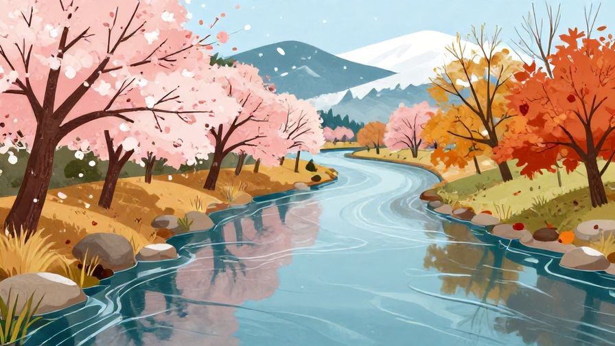 Illustration%20of%20a%20calm%20river%20flowing%20through%20changing%20seasons%20with%20cherry%20blossoms%2C%20autumn%20leaves%2C%20and%20snow%20in%20the%20background%2C%20vibrant%20colors%2C%20illustrated%20style