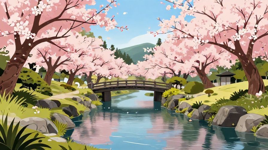 Illustration%20of%20a%20calm%20river%20flowing%20through%20a%20Japanese%20garden%2C%20with%20cherry%20blossoms%20and%20a%20stone%20bridge%20under%20a%20clear%20sky%2C%20vibrant%20colors%2C%20illustrated%20style