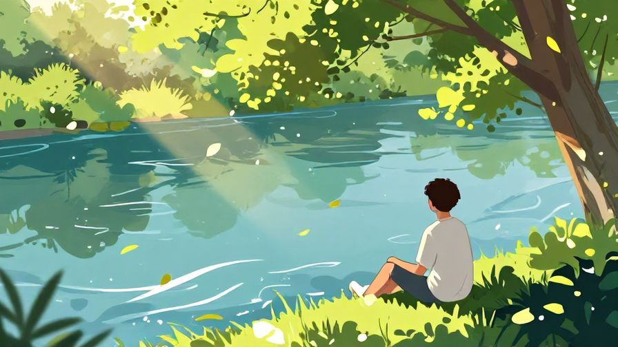 Illustration%20of%20a%20calm%20scene%20with%20a%20person%20reflecting%20beside%20a%20river%2C%20soft%20floating%20leaves%20around%20and%20warm%20sunlight%20shining%20through%20trees%2C%20vibrant%20colors%2C%20illustrated%20style