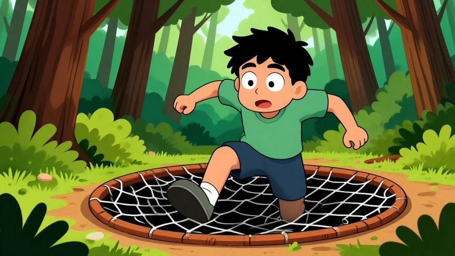Illustration%20of%20a%20character%20almost%20stepping%20into%20a%20hidden%20net%20trap%2C%20wide%20eyes%2C%20dynamic%20forest%20background%2C%20vibrant%20colors%2C%20illustrated%20style