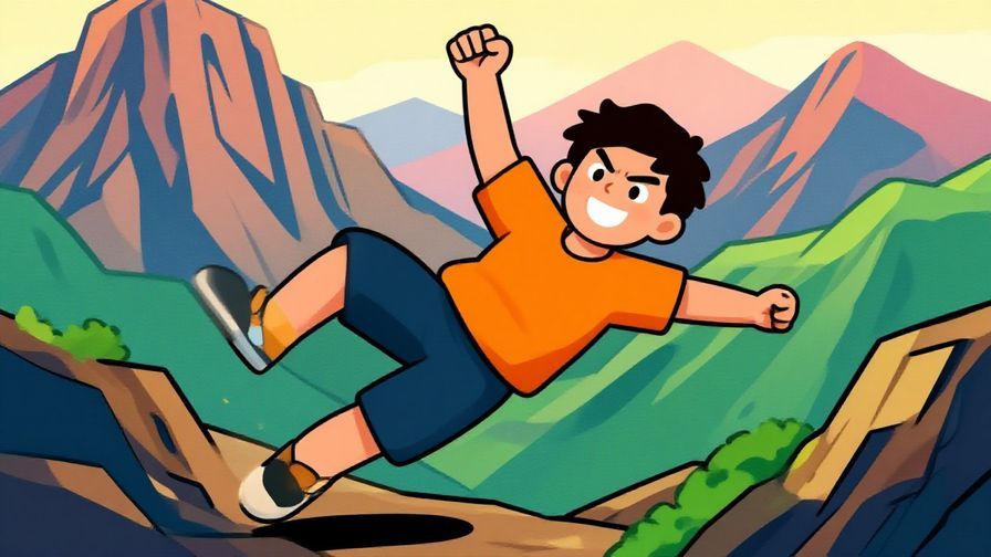 Illustration%20of%20a%20character%20falling%20but%20always%20getting%20up%20with%20a%20determined%20smile%2C%20stylized%20mountain%20background%2C%20vibrant%20colors%2C%20illustrated%20style