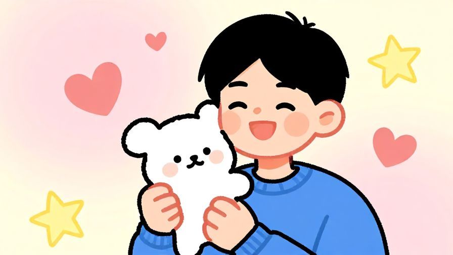 Illustration%20of%20a%20cheerful%20person%20holding%20a%20small%20cute%20plush%20toy%2C%20soft%20pastel%20background%2C%20floating%20hearts%20and%20stars%2C%20illustrated%20style%2C%20vibrant%20colors