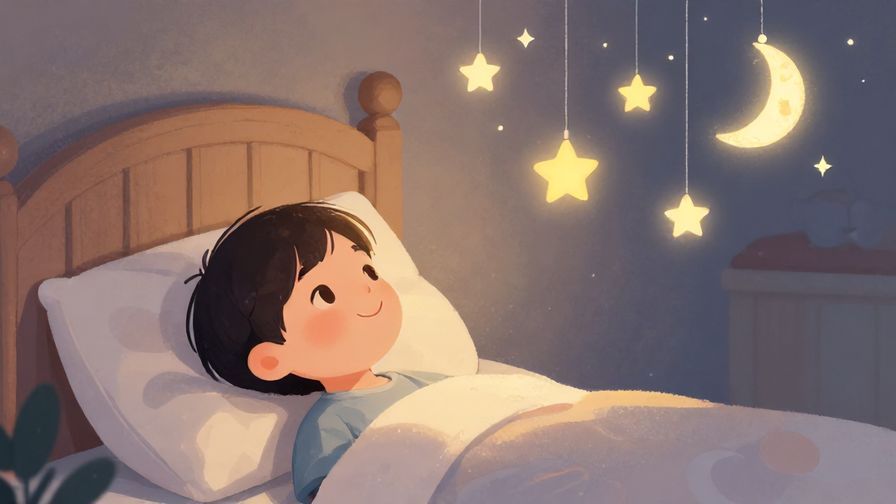 Illustration%20of%20a%20child%20smiling%20while%20looking%20at%20a%20mobile%20of%20stars%20and%20moons%20above%20their%20bed%2C%20soft%20lighting%2C%20warm%20pastel%20colors%2C%20illustrated%20style