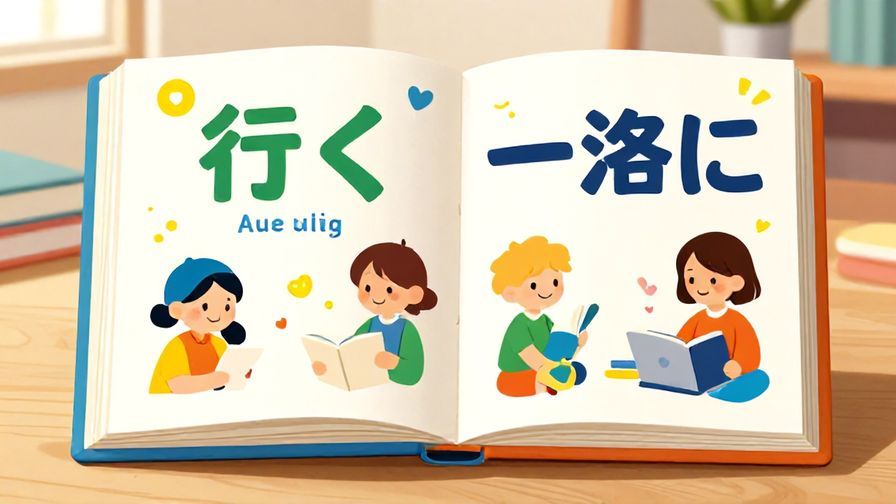 Illustration%20of%20a%20colorful%20Japanese%20dictionary%20open%20to%20pages%20showing%20words%20like%20%E8%A1%8C%E3%81%8F%20%28to%20go%29%20and%20%E4%B8%80%E7%B7%92%E3%81%AB%20%28together%29%2C%20with%20stylized%20characters%20smiling%20and%20studying%20in%20a%20bright%20room%2C%20vibrant%20colors%2C%20illustrated%20style