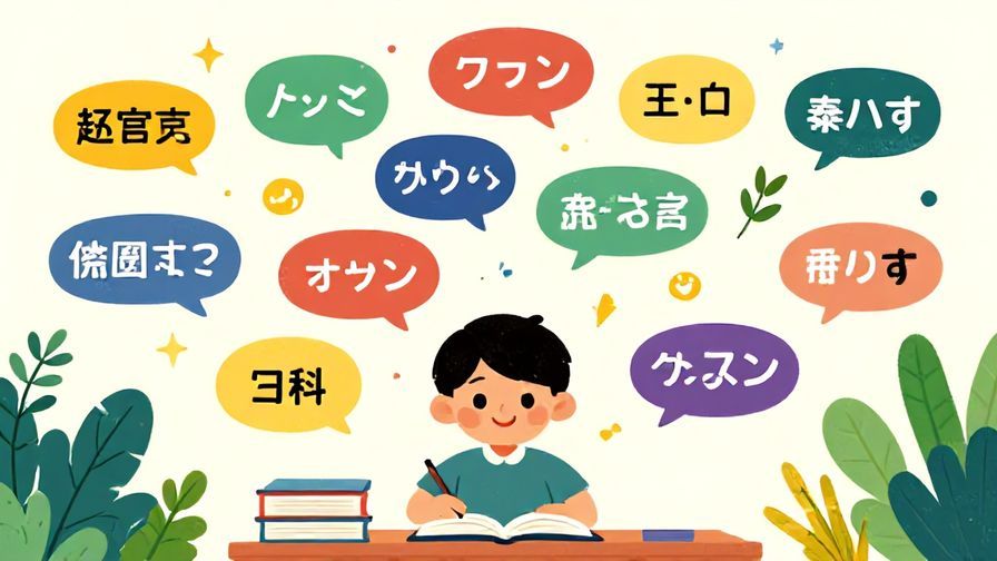 Illustration%20of%20a%20colorful%20language%20map%20showing%20different%20speech%20bubbles%20with%20various%20Japanese%20phrases%20floating%20around%20a%20friendly%20character%20smiling%20and%20learning%20with%20books%20and%20plants%20in%20the%20background%2C%20vibrant%20colors%2C%20illustrated%20style