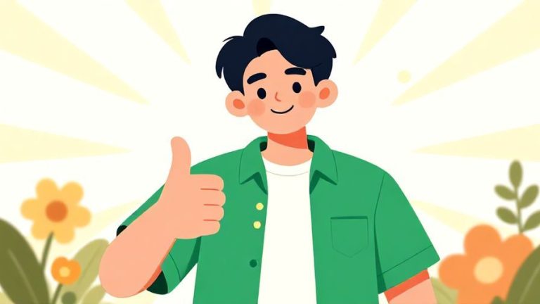 Illustration%20of%20a%20confident%20young%20person%20gesturing%20with%20a%20thumbs-up%20and%20smiling%20cheerfully%2C%20bright%20background%20with%20sun%20rays%20and%20flowers%20around%20them%2C%20illustrated%20style