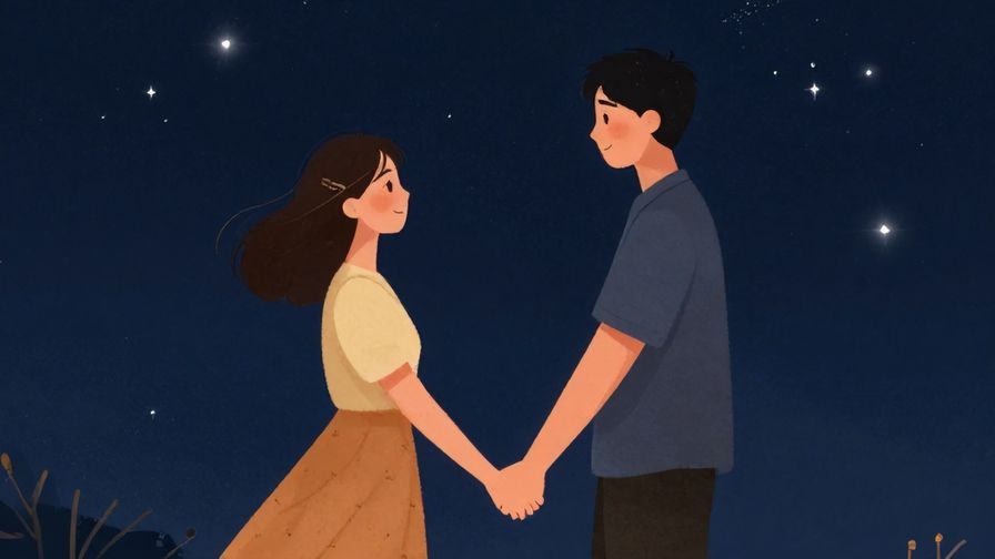 Illustration%20of%20a%20couple%20holding%20hands%20under%20a%20starry%20sky%20with%20smiles%20and%20soft%20lighting%2C%20illustrated%20style