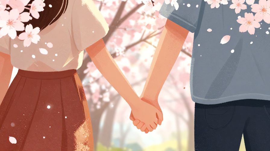 Illustration%20of%20a%20couple%20holding%20hands%2C%20surrounded%20by%20cherry%20blossoms%20and%20soft%20sunlight%20filtering%20through%20trees%2C%20vibrant%20colors%2C%20illustrated%20style