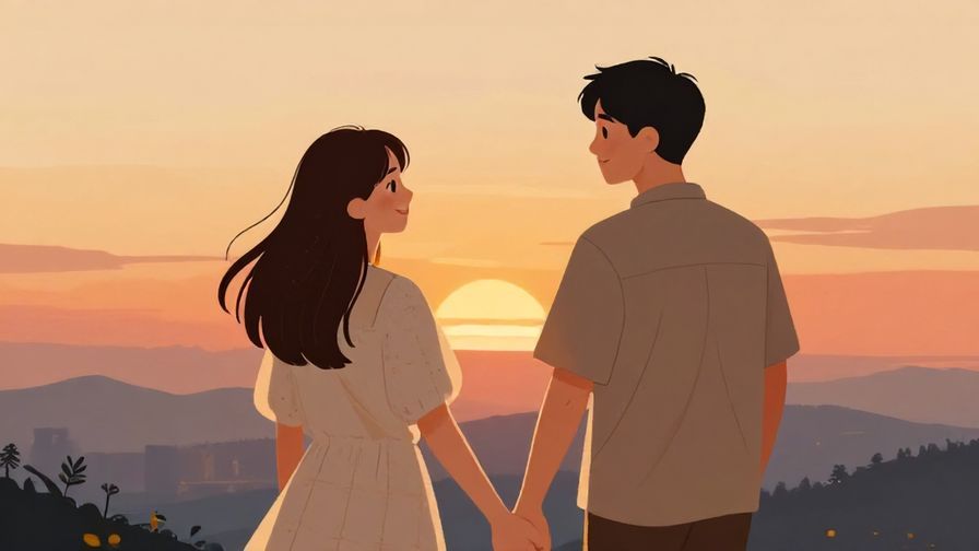 Illustration%20of%20a%20couple%20looking%20towards%20a%20sunset%20together%2C%20holding%20hands%20with%20smiles%2C%20warm%20colors%2C%20illustrated%20style