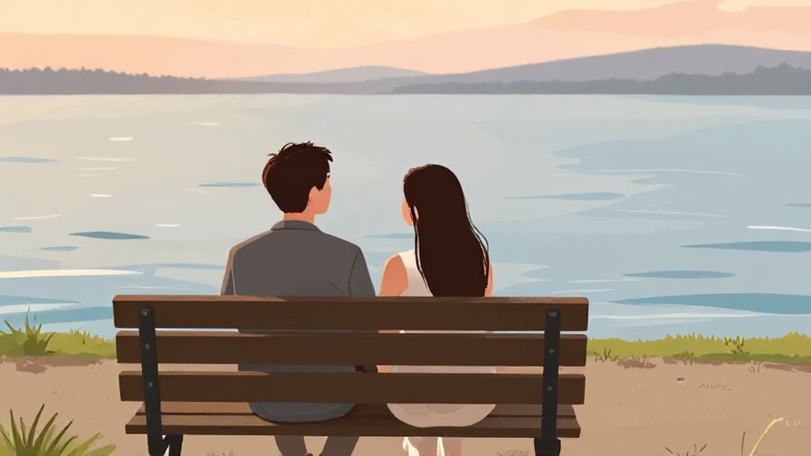 Illustration%20of%20a%20couple%20sitting%20together%20on%20a%20bench%20by%20a%20lake%2C%20soft%20sunset%20lighting%20and%20gentle%20waves%20in%20the%20background%2C%20warm%20and%20calm%20mood%2C%20illustrated%20style