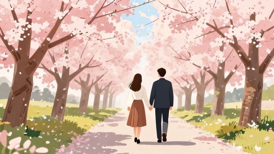 Illustration%20of%20a%20couple%20walking%20hand-in-hand%20through%20a%20cherry%20blossom%20path%2C%20soft%20lighting%2C%20vibrant%20colors%2C%20illustrated%20style