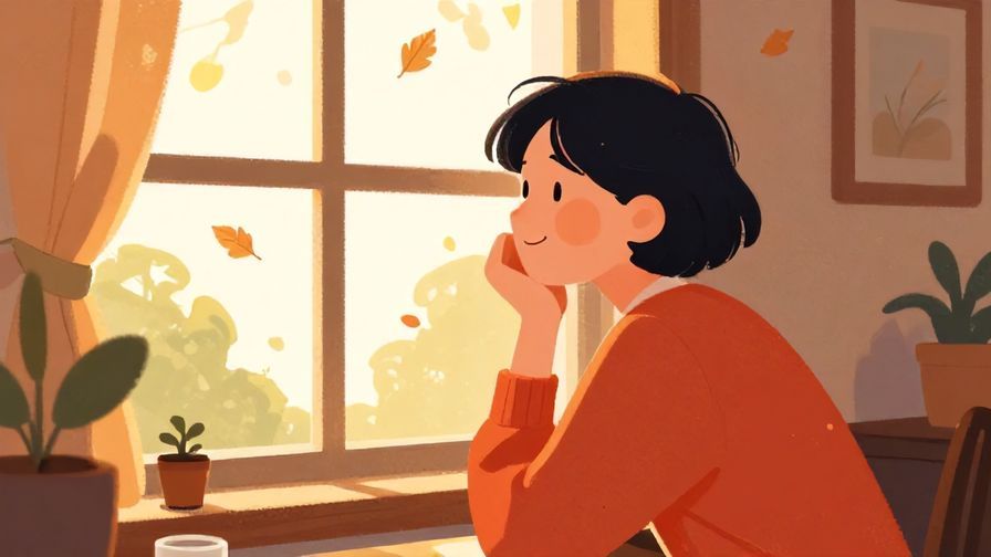 Illustration%20of%20a%20cozy%20home%20interior%20with%20a%20person%20smiling%20softly%2C%20looking%20out%20the%20window%20at%20falling%20leaves%2C%20warm%20lighting%2C%20vibrant%20colors%2C%20illustrated%20style