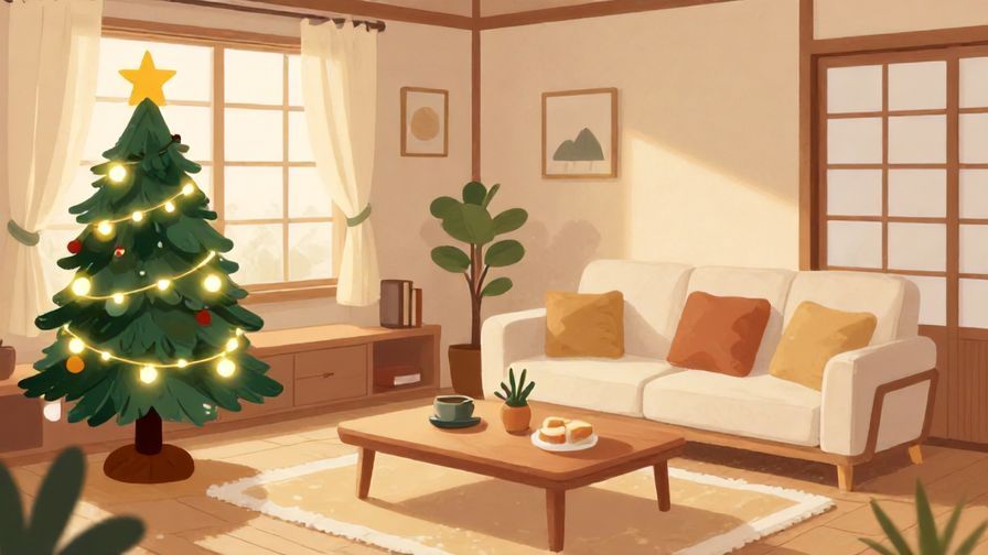 Illustration%20of%20a%20cozy%20Japanese%20living%20room%20with%20Christmas%20decorations%20like%20a%20small%20tree%20and%20soft%20glowing%20lights%2C%20warm%20colors%2C%20illustrated%20style