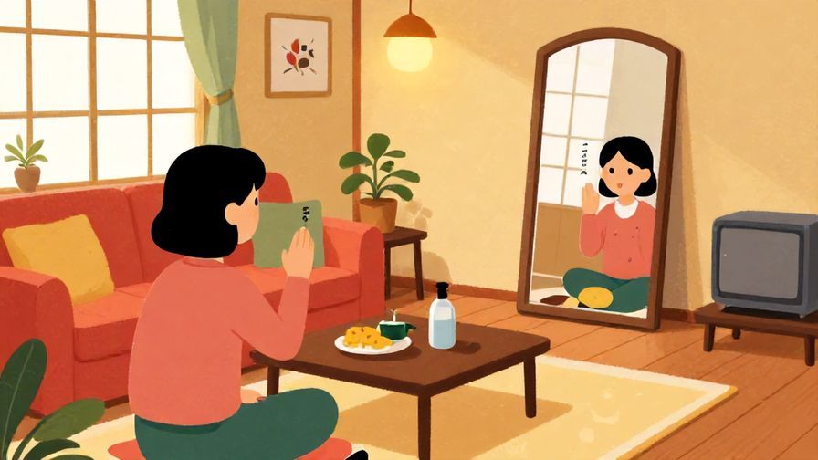 Illustration%20of%20a%20cozy%20Japanese%20living%20room%20with%20warm%20lighting%20and%20a%20person%20practicing%20phrases%20in%20front%20of%20a%20mirror%2C%20vibrant%20colors%2C%20illustrated%20style