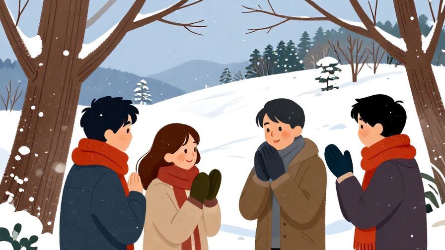 Illustration%20of%20a%20cozy%20Japanese%20winter%20scene%2C%20with%20people%20wearing%20scarves%20and%20mittens%20chatting%20outside%20under%20bare%20trees%2C%20detailed%20background%2C%20vibrant%20colors%2C%20illustrated%20style