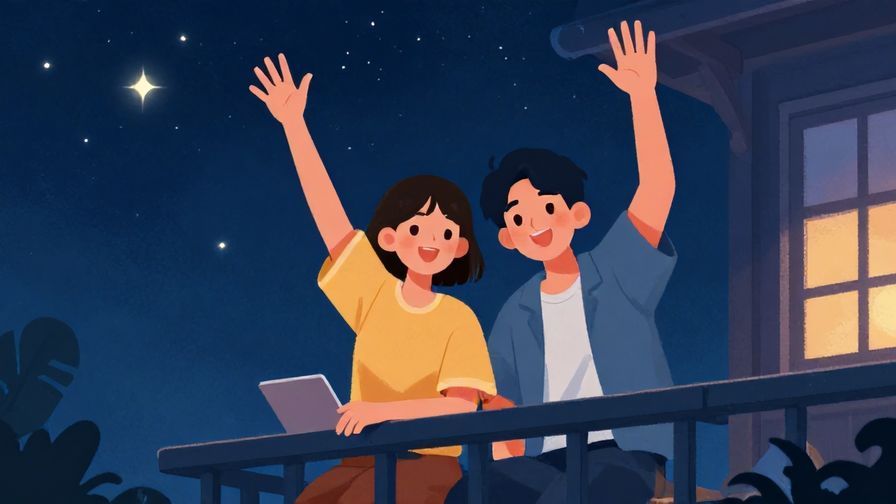 Illustration%20of%20a%20cozy%20nighttime%20scene%20with%20two%20friends%20sitting%20on%20a%20balcony%2C%20smiling%20and%20waving%20goodbye%20under%20a%20starry%20sky%2C%20soft%20lighting%2C%20vibrant%20colors%2C%20illustrated%20style