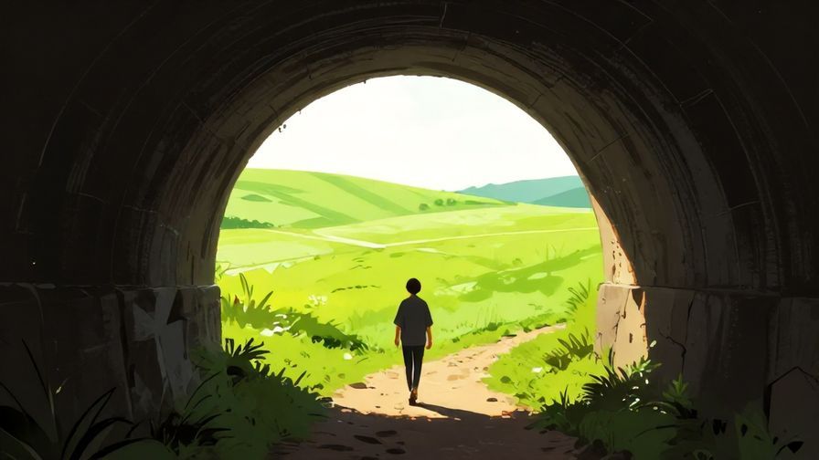 Illustration%20of%20a%20dark%20tunnel%20opening%20to%20a%20bright%20sunlit%20field%2C%20person%20walking%20toward%20the%20light%2C%20vibrant%20colors%2C%20illustrated%20style