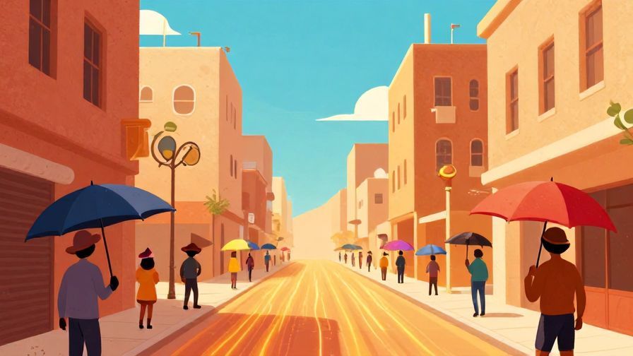 Illustration%20of%20a%20desert-like%20urban%20street%20with%20heat%20waves%20visible%20and%20people%20wearing%20hats%20and%20using%20umbrellas%20for%20shade%2C%20vibrant%20colors%2C%20illustrated%20style