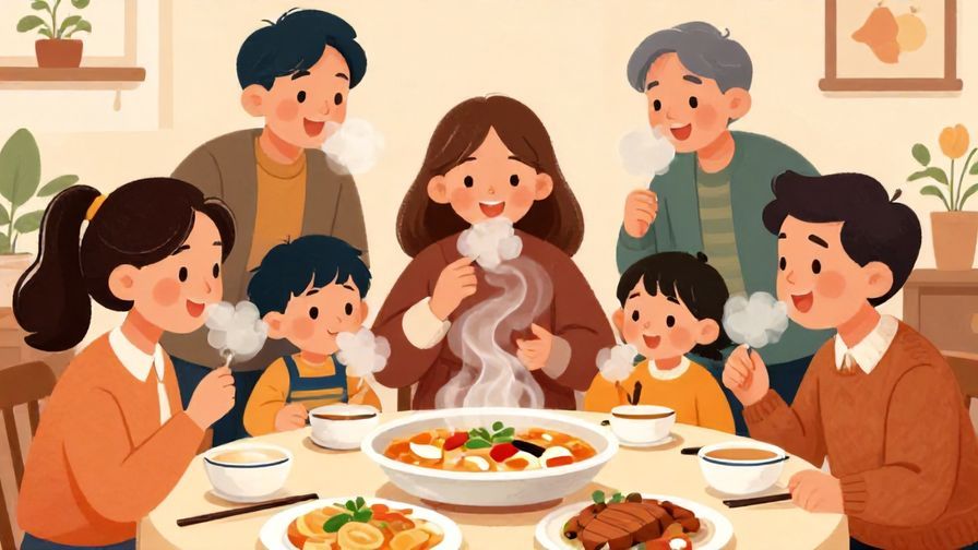 Illustration%20of%20a%20family%20gathered%20around%20a%20table%20with%20steam%20rising%20from%20a%20dish%2C%20everyone%20smiling%20and%20sniffing%20the%20aroma%2C%20detailed%20background%2C%20vibrant%20colors%2C%20illustrated%20style