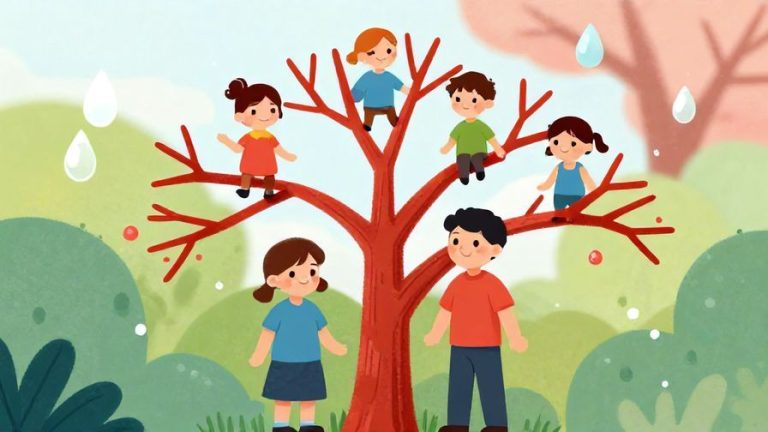 Illustration%20of%20a%20family%20tree%20with%20red%20branches%20and%20water%20droplets%20blurring%20in%20the%20background%2C%20vibrant%20colors%2C%20illustrated%20style