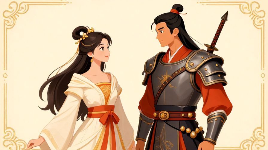 Illustration%20of%20a%20formal%20couple%20in%20traditional%20clothing%20discussing%20love%20and%20battle%2C%20elegant%20background%2C%20vibrant%20colors%2C%20illustrated%20style