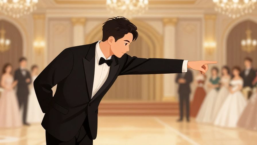 Illustration%20of%20a%20formal%20event%20usher%20bowing%20and%20pointing%20right%20in%20a%20ballroom%2C%20elegant%20lighting%2C%20illustrated%20style