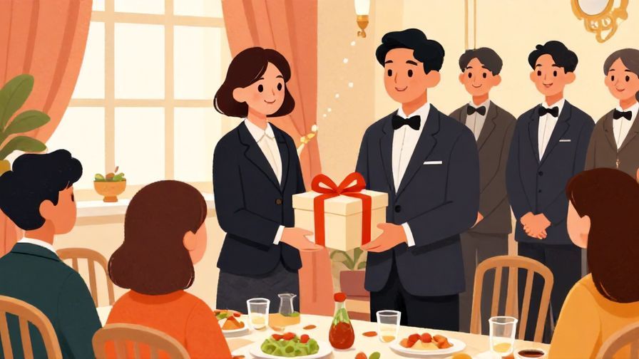 Illustration%20of%20a%20formal%20event%20with%20staff%20smiling%20and%20presenting%20a%20beautifully%20wrapped%20gift%20box%20to%20guests%20in%20an%20elegant%20hall%2C%20vibrant%20colors%2C%20illustrated%20style