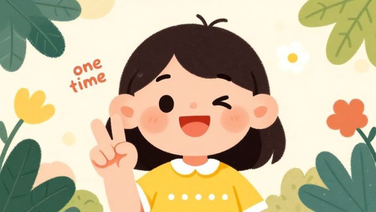 Illustration%20of%20a%20friendly%20character%20smiling%20and%20holding%20up%20one%20finger%20to%20show%20“one%20time”%2C%20soft%20background%20with%20flowers%20and%20leaves%2C%20vibrant%20colors%2C%20illustrated%20style